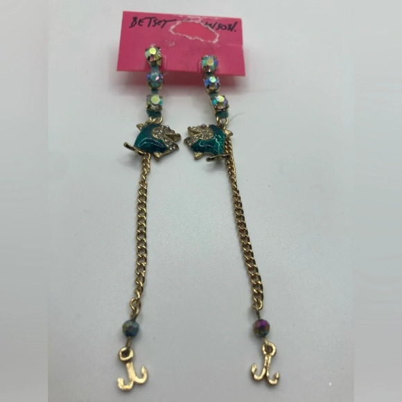 BETSEY JOHNSON Vintage Enamel Fish Hook Dangle Drop Gold-Tone Earrings OOAK NWT - Picture 4 of 5